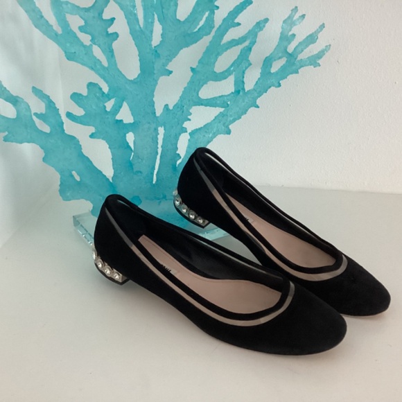 MIU MIU SUEDE FLATS WITH CRYSTAL HEEL EMBELLISHMENT SIZE 37.5 / US 7 - Picture 2 of 9